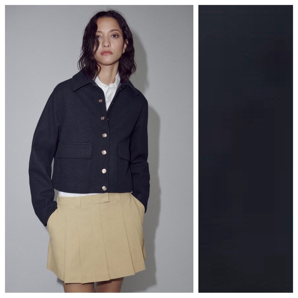 NWT. Zara Navy Blue Gold Buttons Soft Touch Cropped Jacket. Size S.
